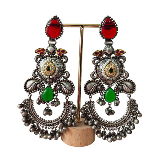 Aarohi Oxidised Silver Earrings with Red & Green Stones
