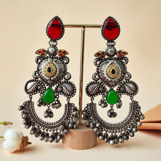 Aarohi Oxidised Silver Earrings with Red & Green Stones