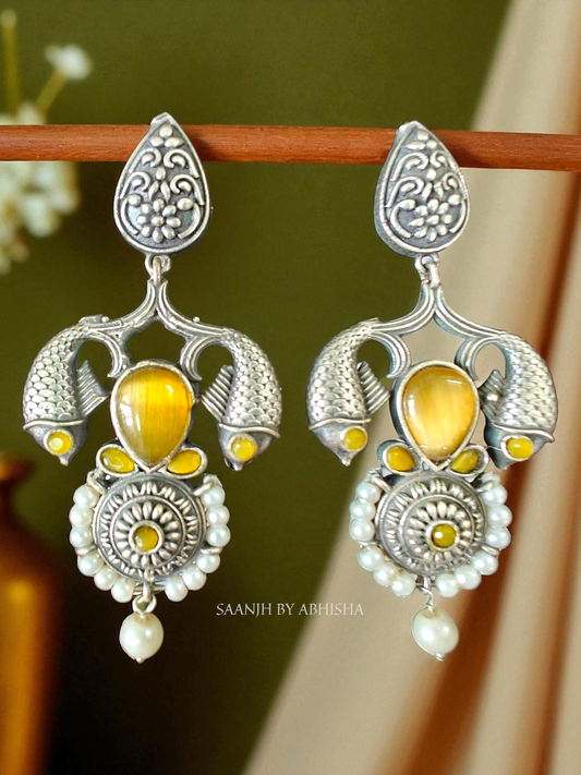 Royal Silver Oxidised Fish Earrings