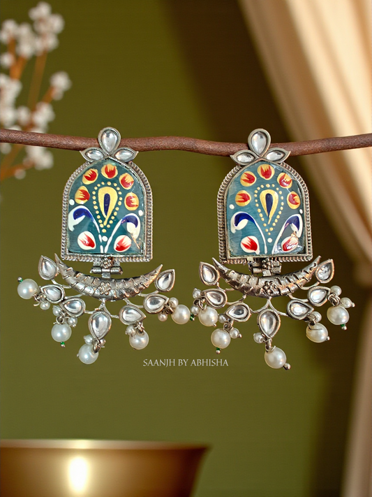 Meher Handpainted Silver Oxidised Earrings