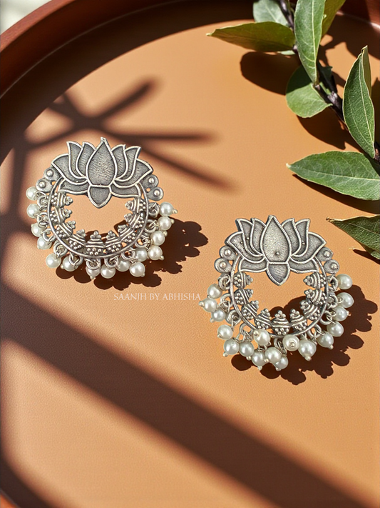 Lotus Bloom Silver Oxidised Earrings