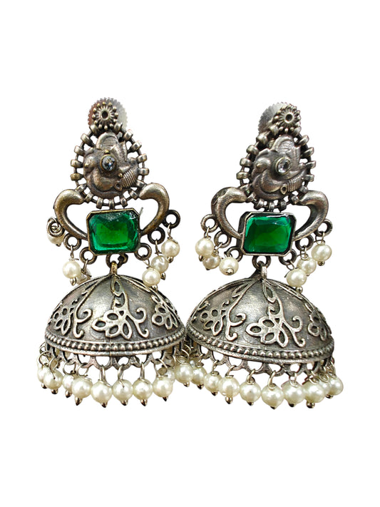 Emerald Glow Royal Silver Oxidised Jhumka