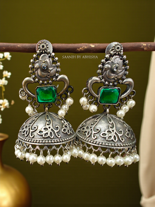 Emerald Glow Royal Silver Oxidised Jhumka