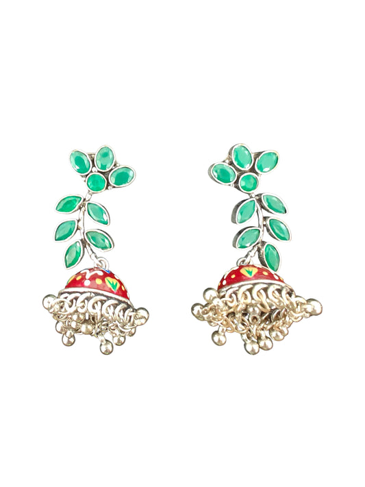 Ruby Leaf Bloom Silver Oxidised Jhumka