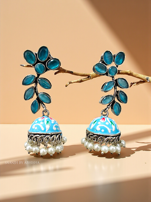 Azure Bloom Silver Oxidised Jhumka