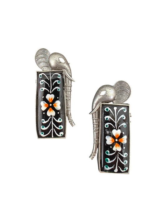 Elephant Charm Silver Oxidised Handpainted Earrings