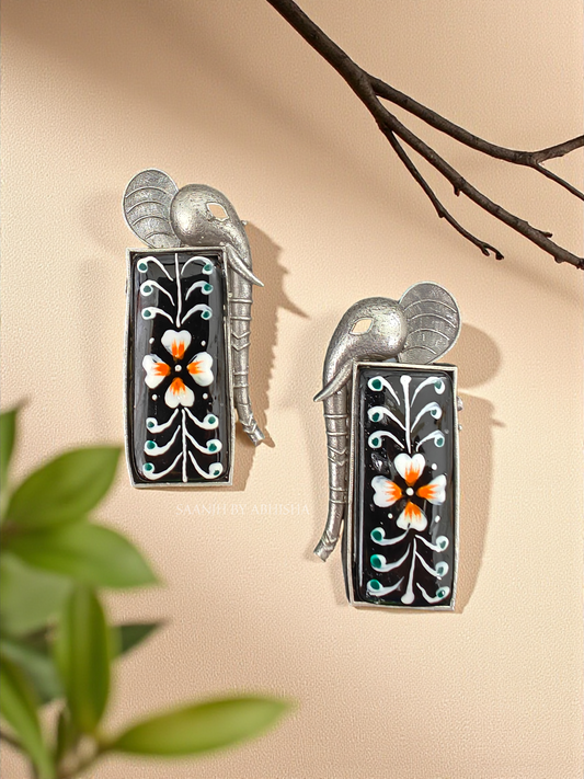 Elephant Charm Silver Oxidised Handpainted Earrings