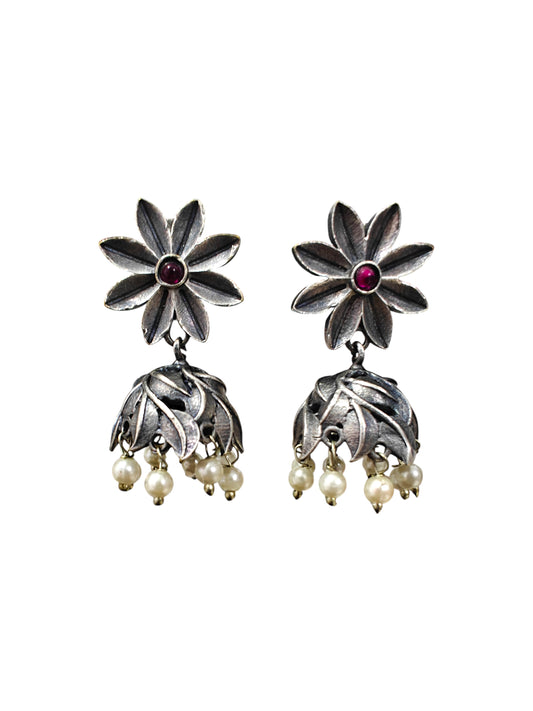 Floral Ruby Silver Oxidised Jhumka Earrings