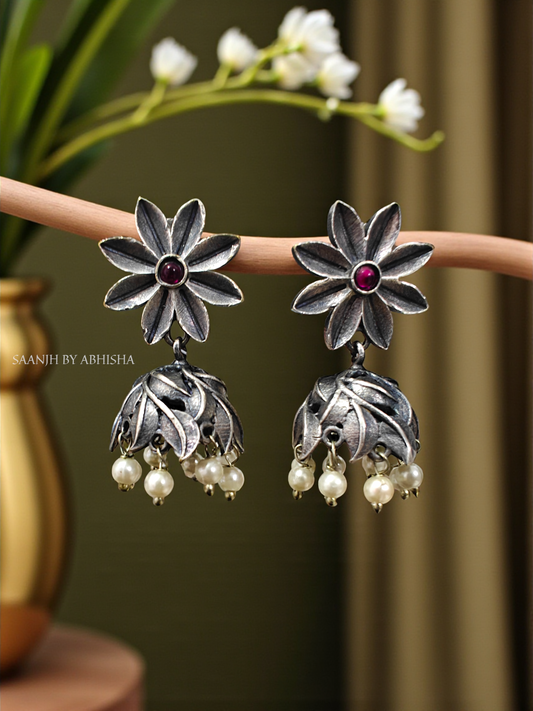 Floral Ruby Silver Oxidised Jhumka Earrings