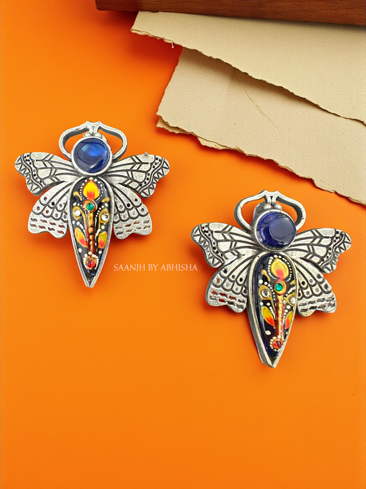 Rangrez Butterfly Silver Oxidised Handpainted Earrings