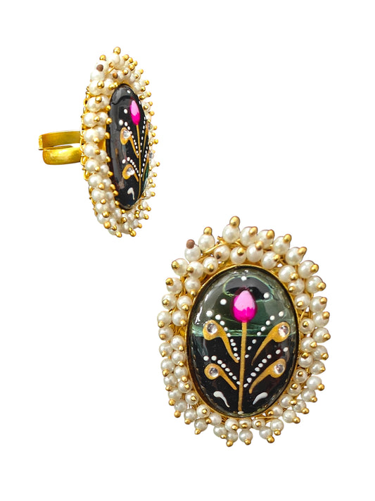 Gulnaaz Handpainted Moti Silver Replica Ring