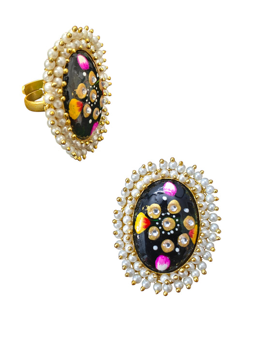 Aabroo Handpainted Brass Golden Ring with Stone & Moti Work