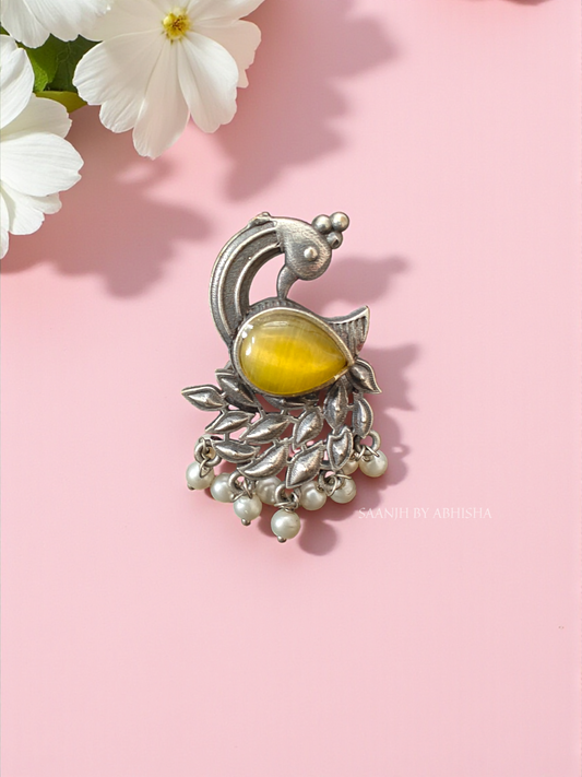 Mayuri Silver Replica Ring with Yellow Stone & Pearls