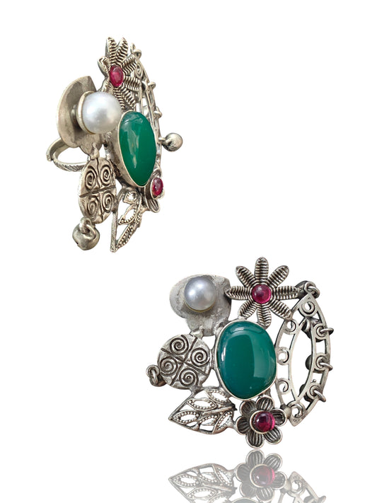 Vasudha Fusion Silver Replica Ring with Green Stone & Floral Accents