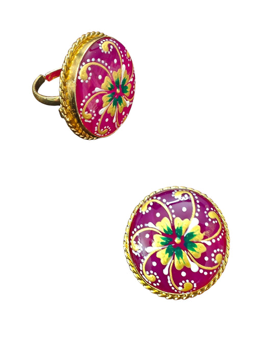 Gulabi Phool Handpainted Brass Golden Ring