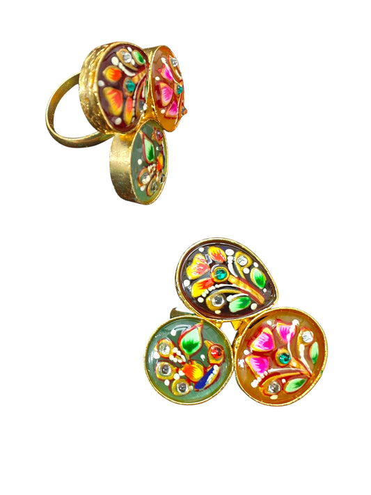 Phoolwari Handpainted Brass Golden Ring
