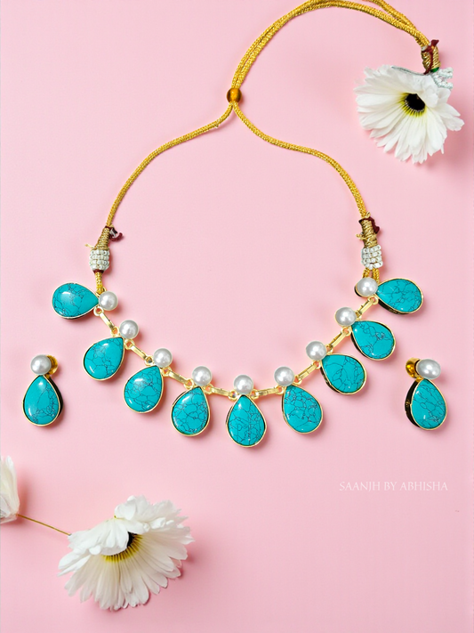 Royal Turquoise Stone Work with Pearl Touch Necklace Set