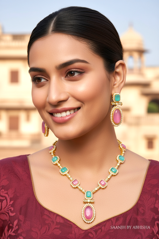 Royal American Diamond with Stone Work Necklace Set