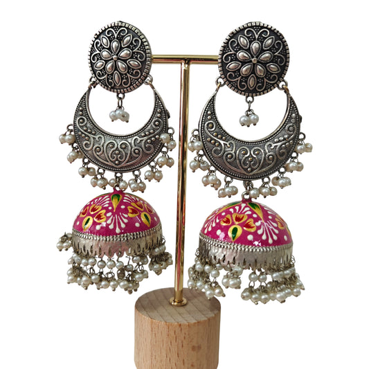 Gulnaar Oxidised Handpainted Jhumka with Moti Latkan