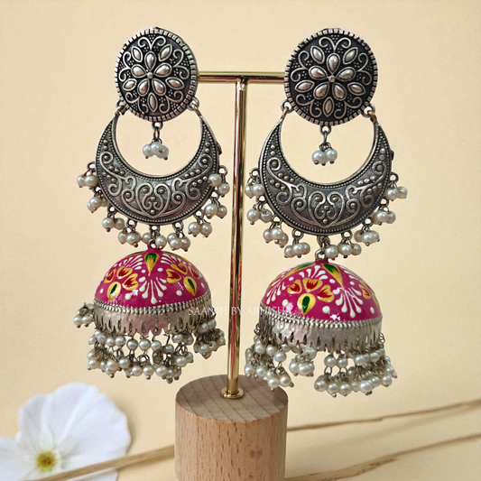 Gulnaar Oxidised Handpainted Jhumka with Moti Latkan