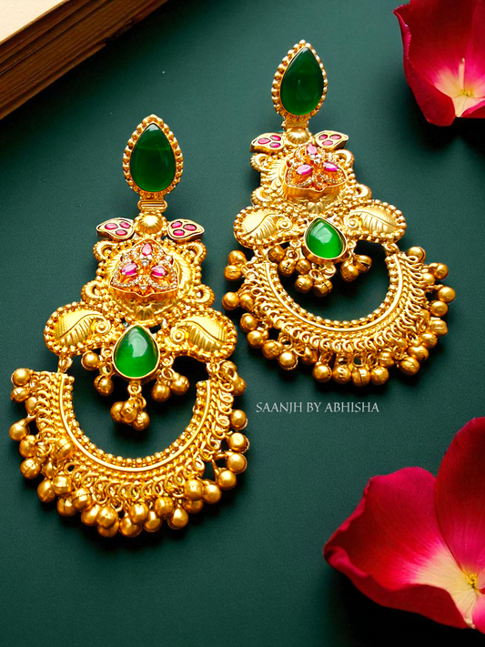 Ruby Blossom Brass Jhumka with Green Stone & Ghungroo Detailing