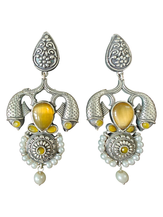 Royal Silver Oxidised Fish Earrings