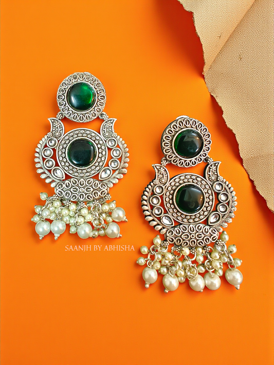 Emerald Noor Silver Oxidised Earrings