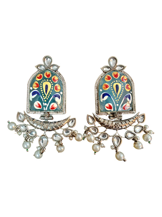 Meher Handpainted Silver Oxidised Earrings