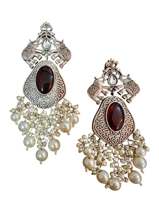 Hasti Ruby Glow Silver Oxidised Earrings