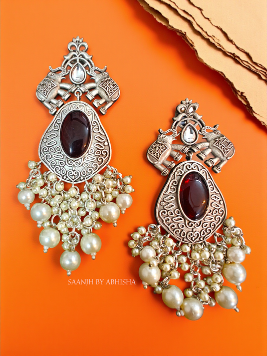 Hasti Ruby Glow Silver Oxidised Earrings