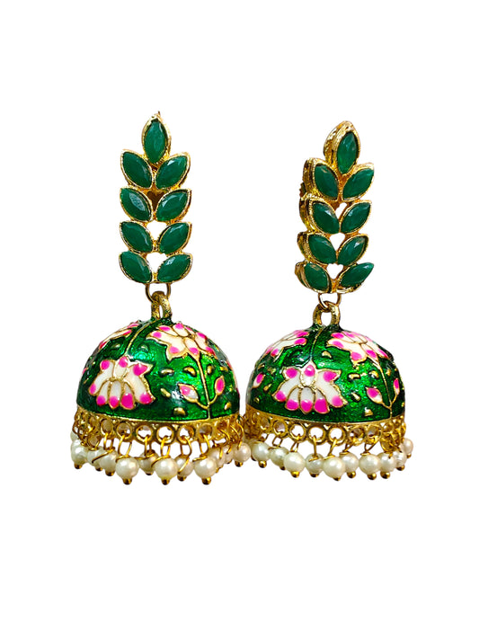 Emerald Bloom Handpainted Jhumkas