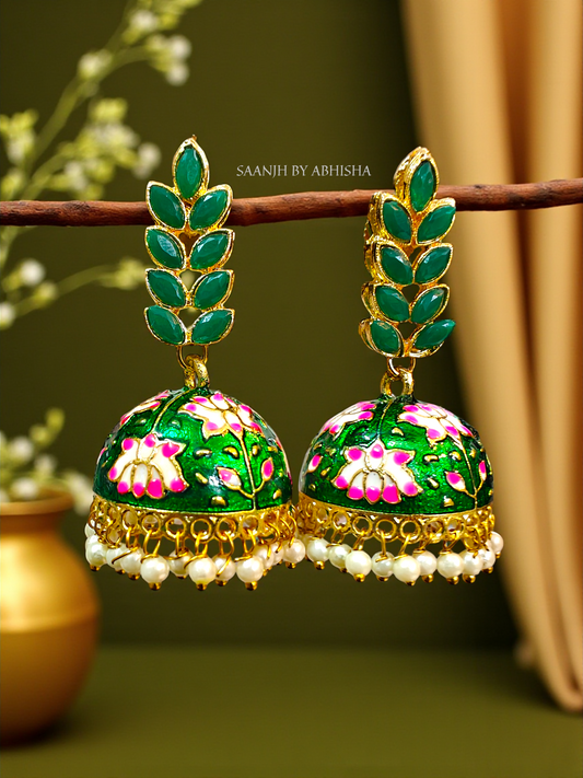 Emerald Bloom Handpainted Jhumkas