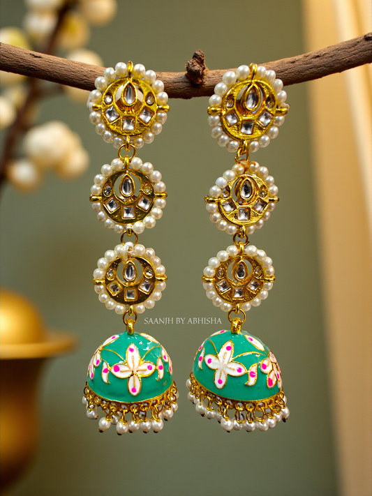 Aqua Blossom Kundan Jhumkas