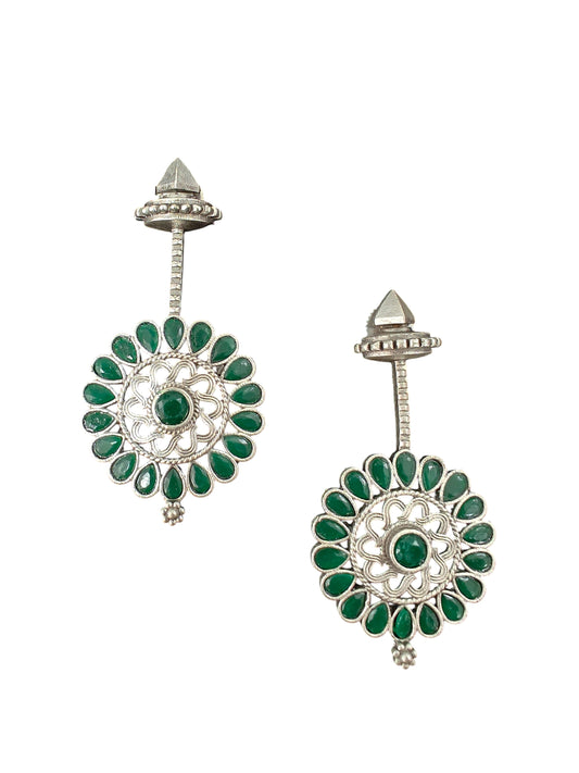 Emerald Mandala Silver Earrings