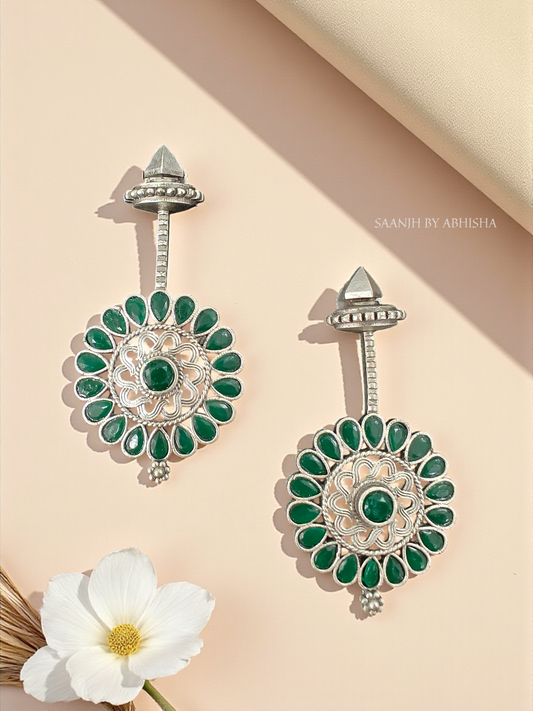 Emerald Mandala Silver Earrings