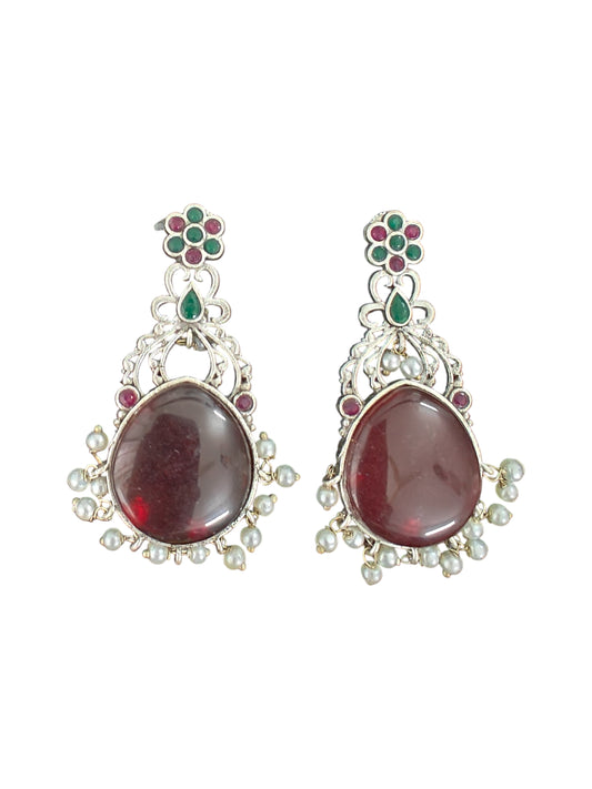 Regal Ruby Glow Silver Oxidised Earrings