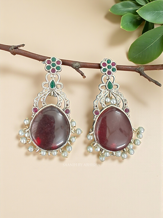 Regal Ruby Glow Silver Oxidised Earrings