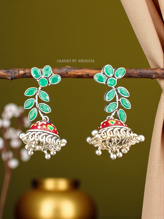 Ruby Leaf Bloom Silver Oxidised Jhumka