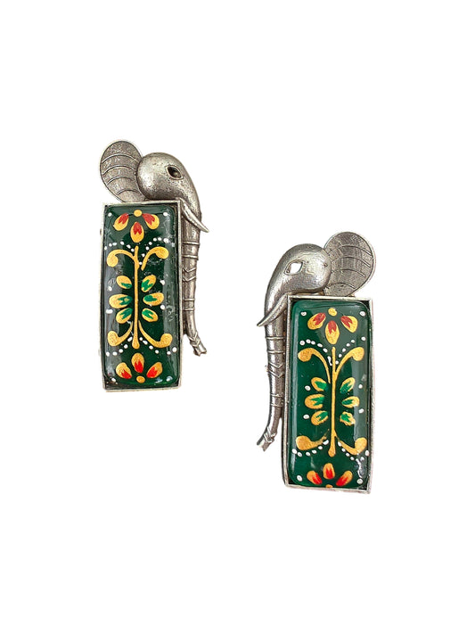 Emerald Majesty Silver Oxidised Handpainted Earrings