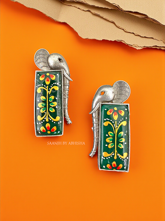Emerald Majesty Silver Oxidised Handpainted Earrings