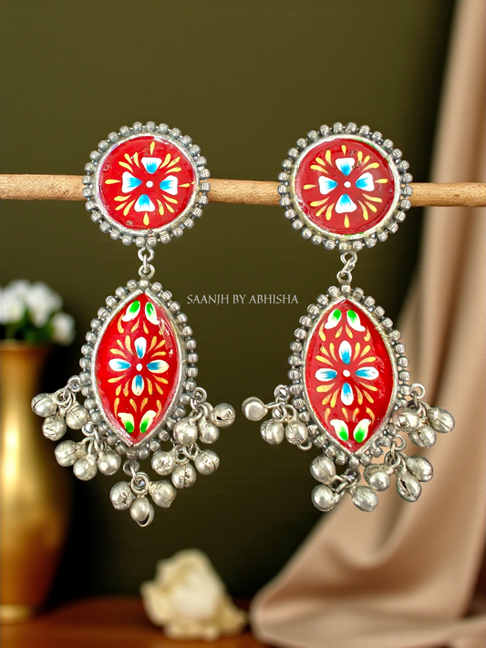 Rajwada Red Handpainted Ghungroo Earrings