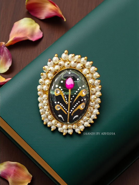 Gulnaaz Handpainted Moti Silver Replica Ring