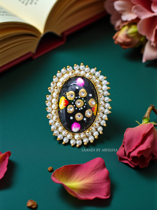 Aabroo Handpainted Brass Golden Ring with Stone & Moti Work