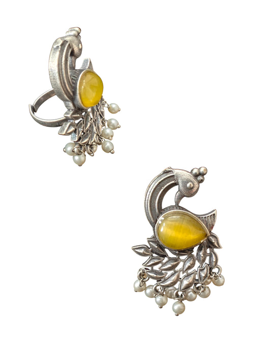 Mayuri Silver Replica Ring with Yellow Stone & Pearls