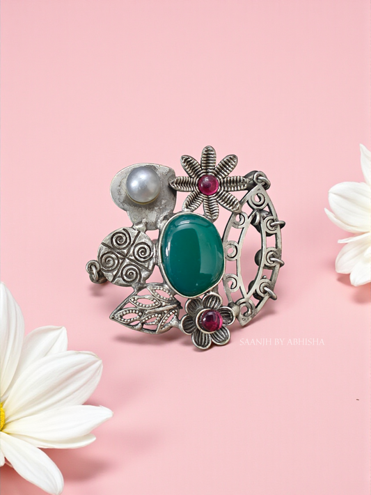 Vasudha Fusion Silver Replica Ring with Green Stone & Floral Accents