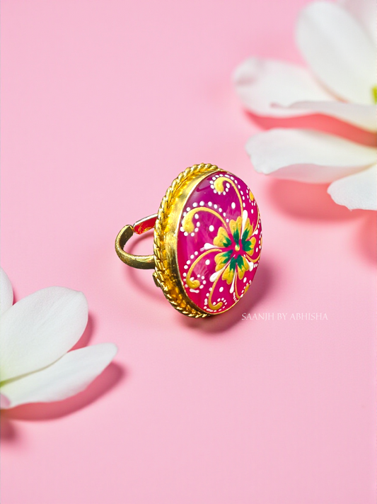 Gulabi Phool Handpainted Brass Golden Ring