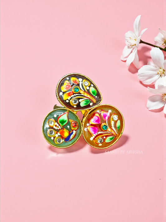 Phoolwari Handpainted Brass Golden Ring