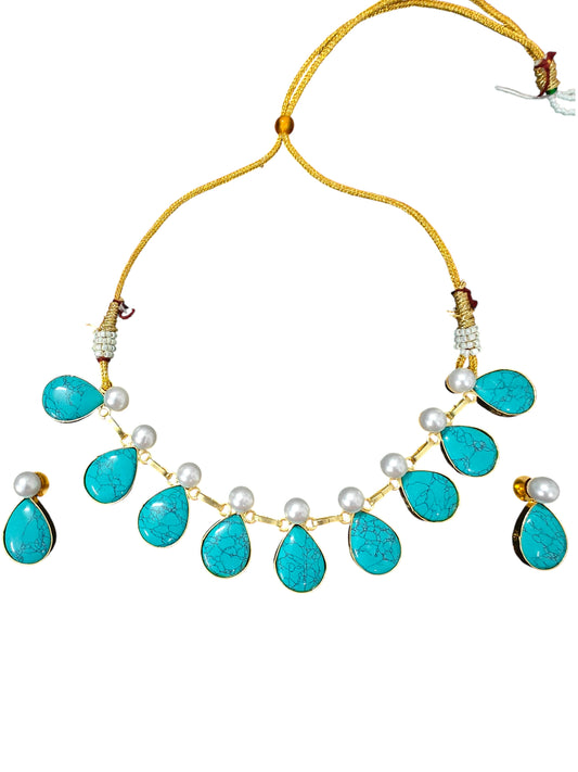 Royal Turquoise Stone Work with Pearl Touch Necklace Set