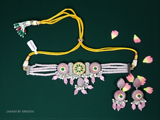 Royal Pink Stone Beaded Choker Set