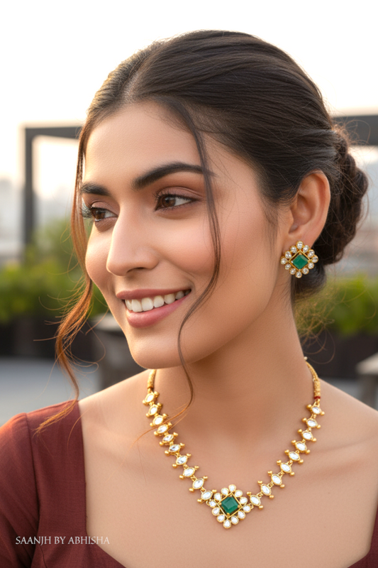 Royal Emerald Kundan Stone Work Necklace Set